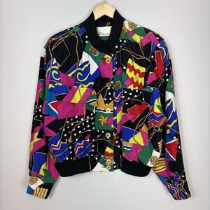 Vtg 80s 90s Dana Bushman 100% Silk Bomber Jacket Patchwork Colorful Retro Sz L